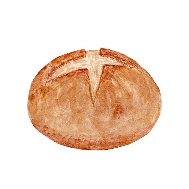 Akvarellbild av ett runt surdegsbröd med korssnitt i skorpan